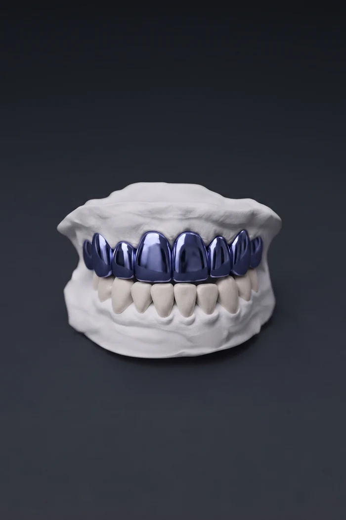 Modelo de yeso completo con los dientes superiores esmaltados en azul, sobre fondo oscuro